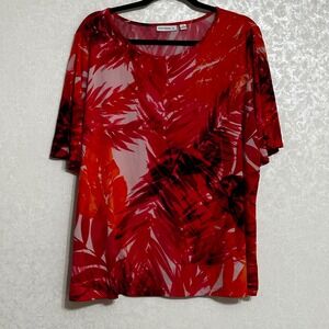 Susan Graver Tropical Leaf Print Short Slit Sleeve Tunic Top Red Orange Sz 2X